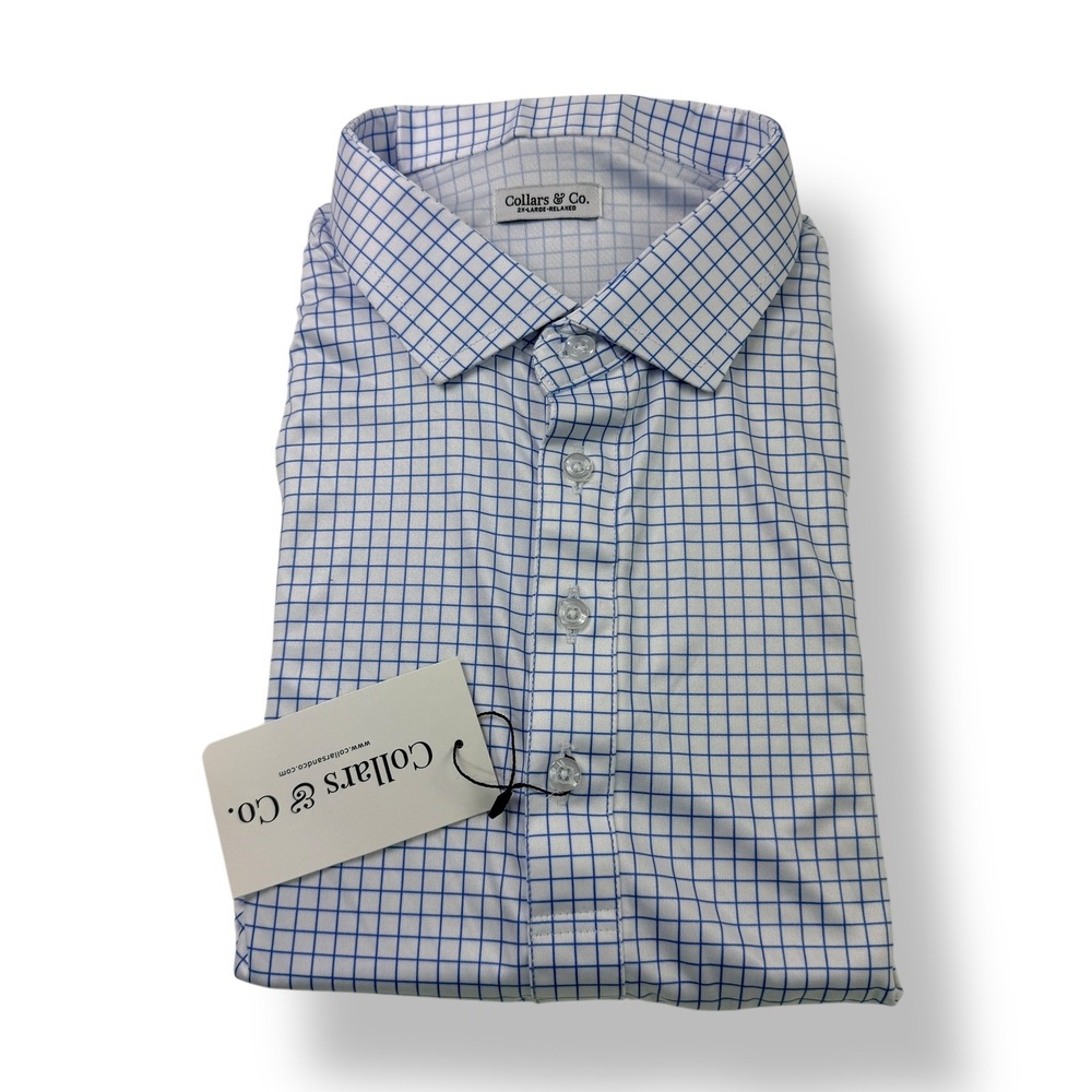 Collars & Co Mens 2X Large Relaxed Fit Dress Collar Polo Shirt Blue Grid